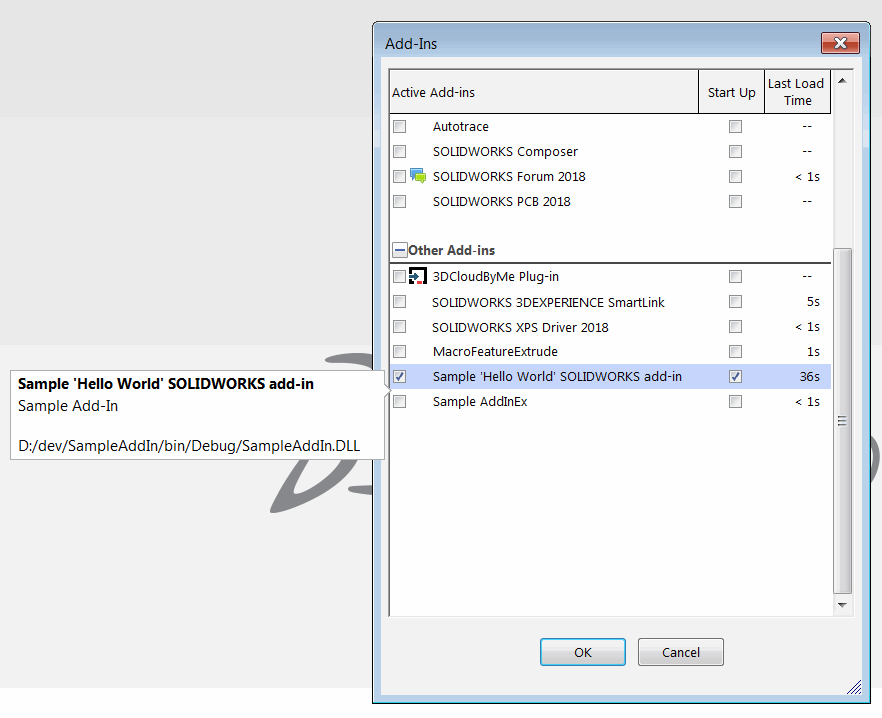 Add-in shown in the add-ins dialog