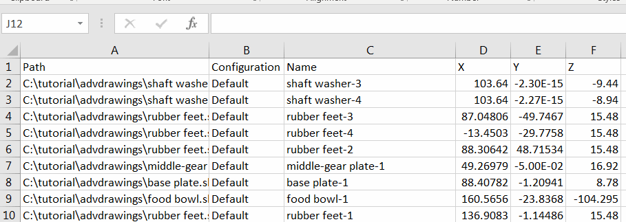 Exported positions of components in Excel
