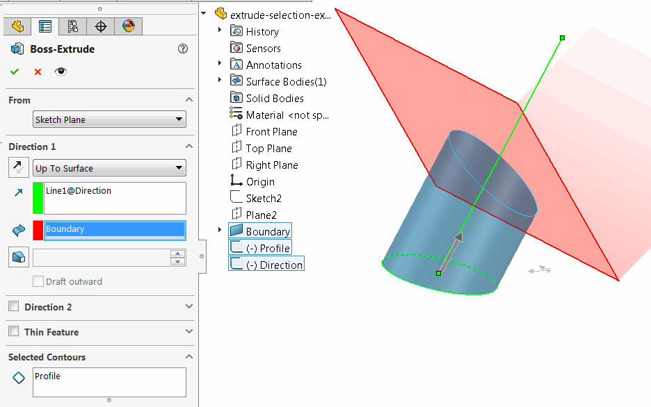 Extruded sketch arc up to the planar surface following the line direction