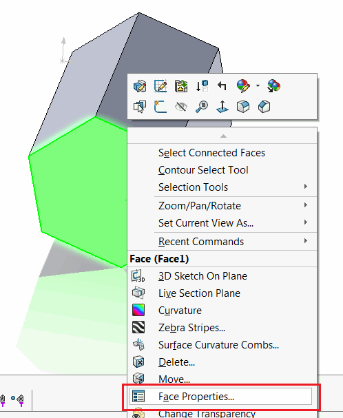 Face properties command in context menu