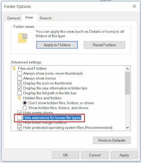 Hide extensions for known file types option in Windows explorer