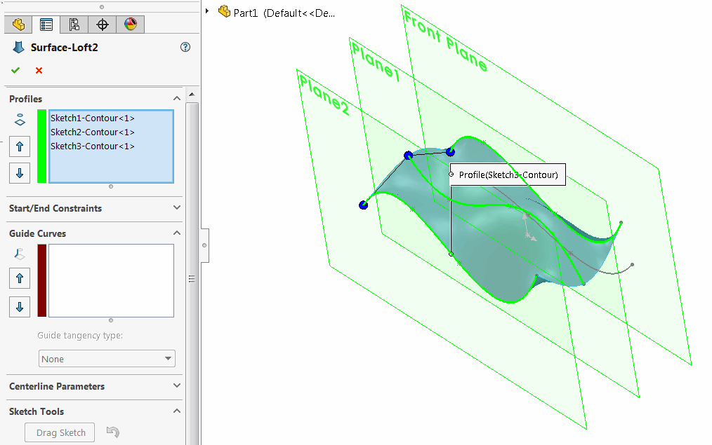Lofted surface feature using sketch contours as the profiles