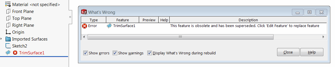 Obsolete macro feature rebuild error