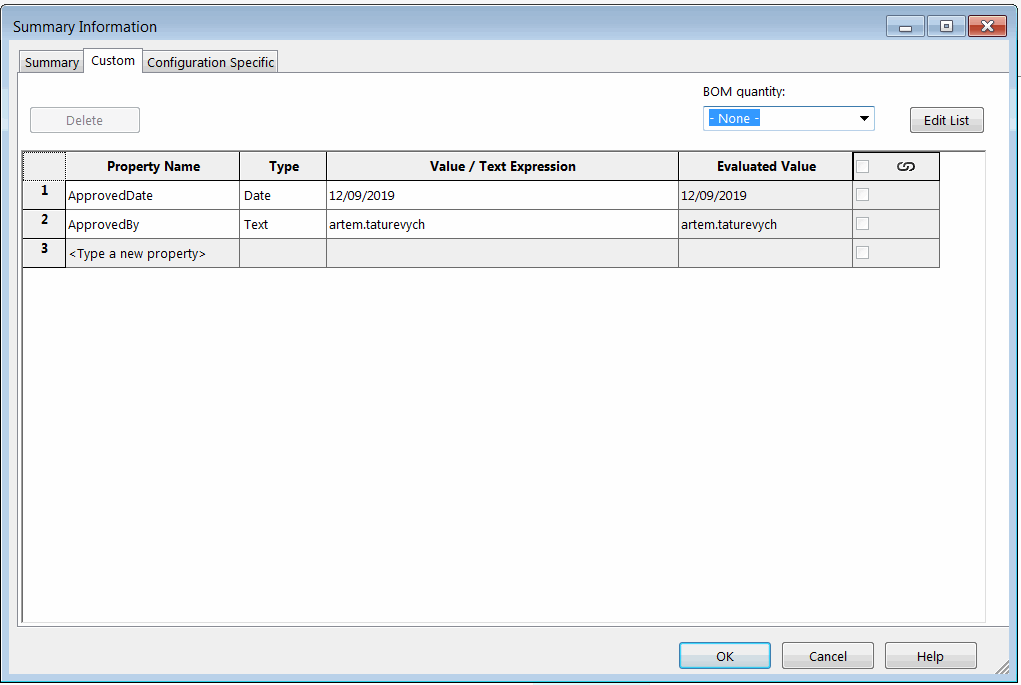 SOLIDWORKS custom properties