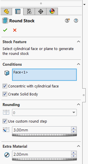 Property page for Round Stock feature