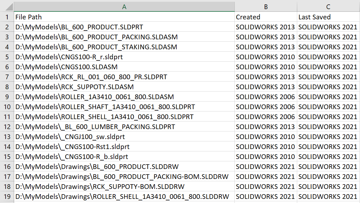 SOLIDWORKS file versions report