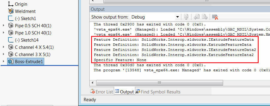 Type of specific feature and feature definition of selected feature output to the window