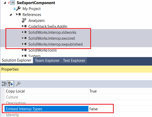 Disabling the option to embed interop types for SOLIDWORKS interops