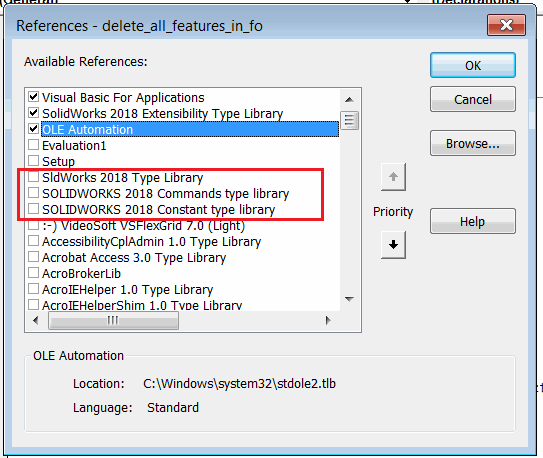 SOLIDWORKS Type Libraries in the VBA References dialog