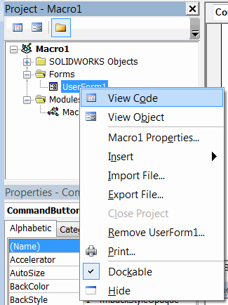 View Code command of User Form