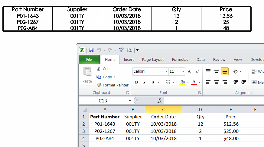将采购订单数据导入到SOLIDWORKS常规表中的Excel表