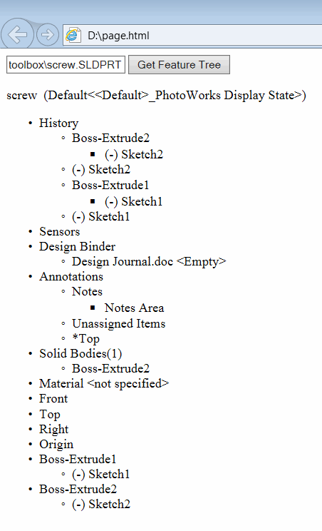 SOLIDWORKS Part Feature Tree Rendered in HTML