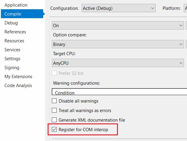 VB.NET项目中的注册COM互操作选项