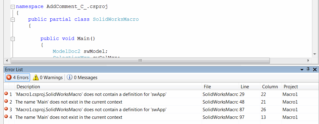 将示例代码从示例复制到VSTA宏时的编译错误